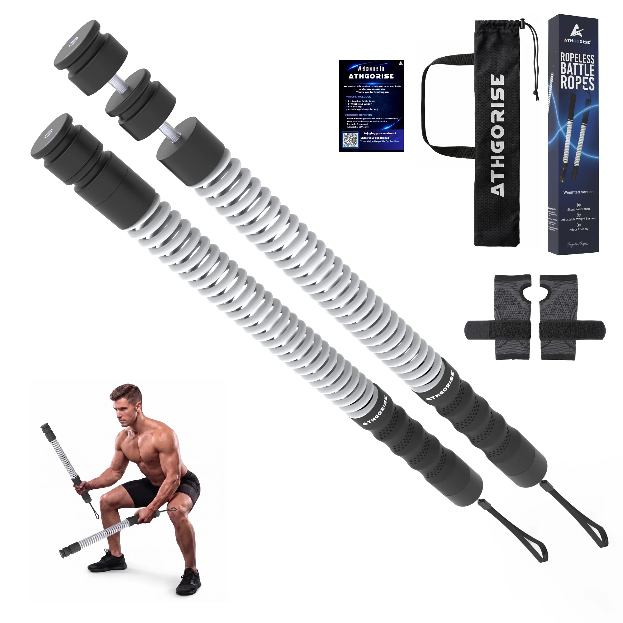 ATHGORISE Weighted Ropeless Battle Ropes — full kit with storage bag and palm and wrist protectors